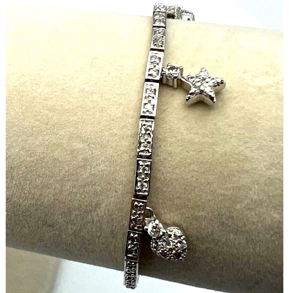 925 Sterling Silver Bracelet With Heart & Star Charms Cubic Zirconias    M12 - Picture 1 of 7